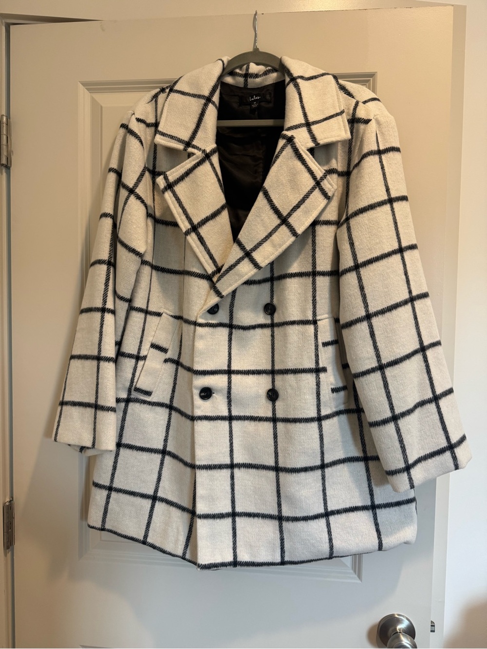 Lulu's White Windowpane Double-Breasted Pea Coat